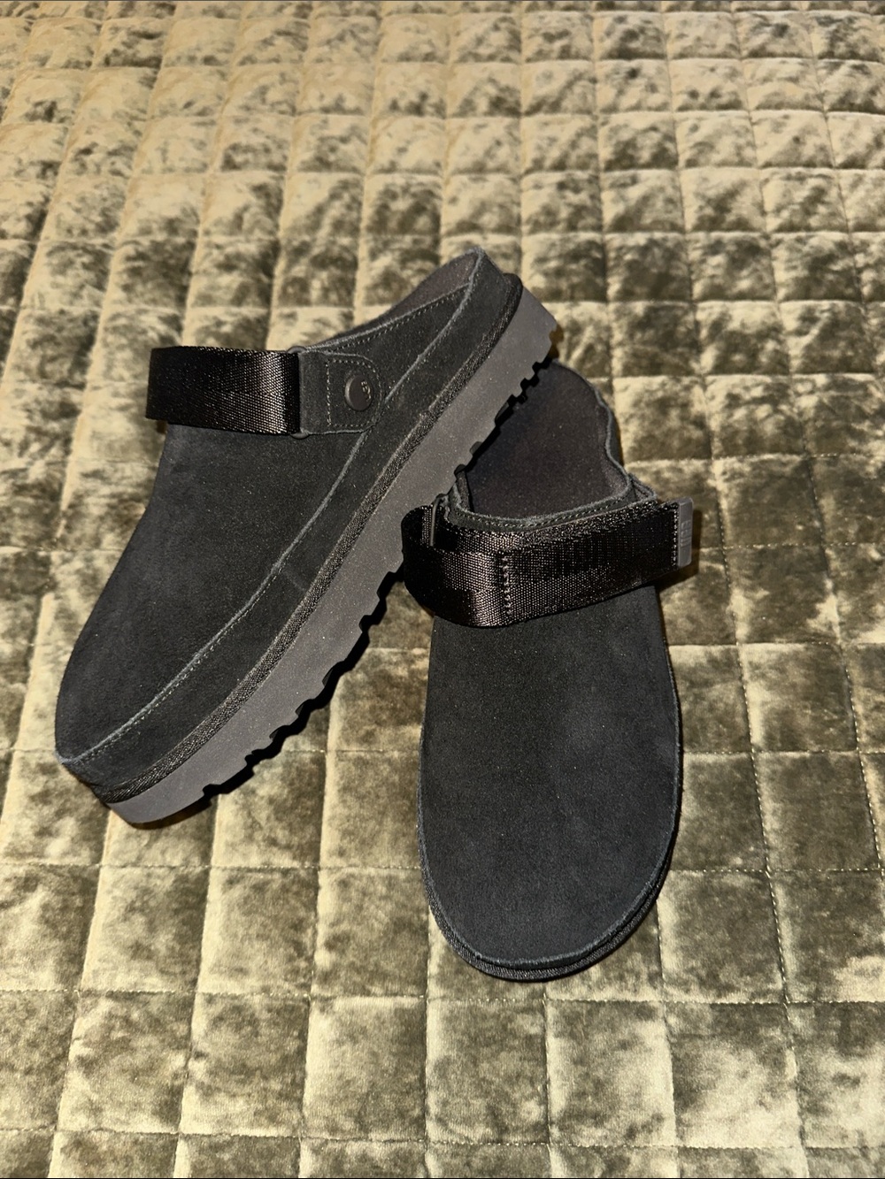 UGG Goldstar Black Suede Slip-On Mules with Adjustable Strap